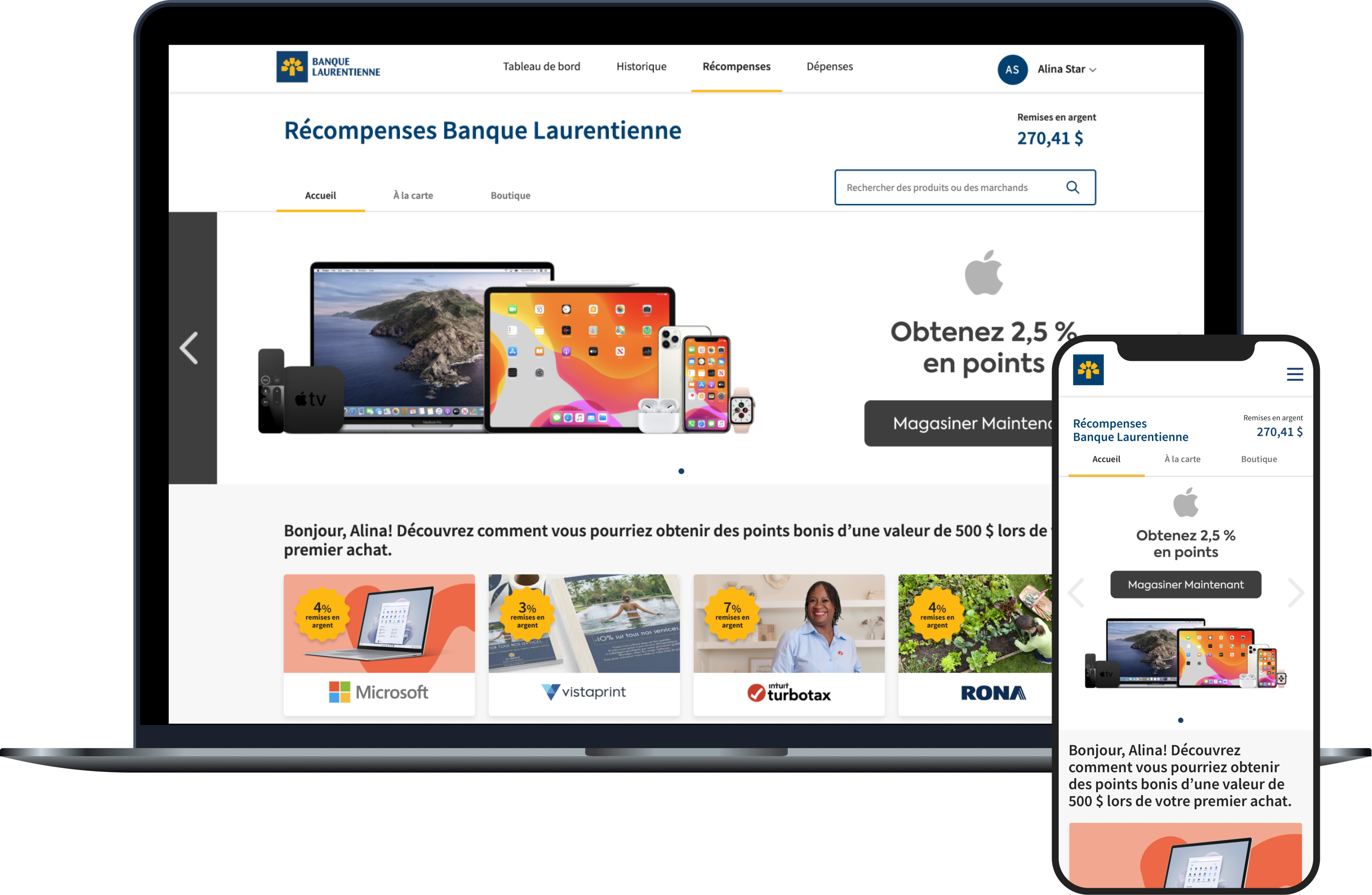 Aperu de la page rcompenses sur un ordinateur portable et sur un cellulaire